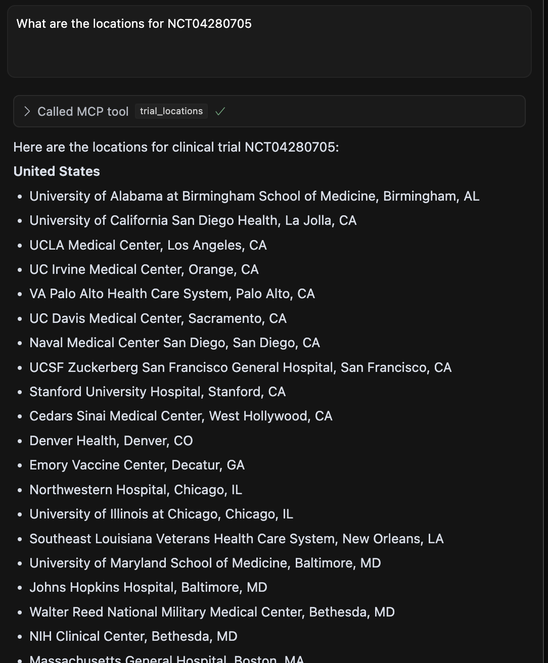 BioMCP in Cursor IDE showing clinical trial locations