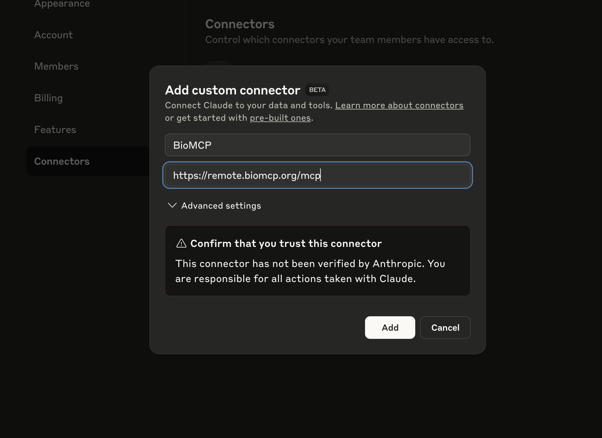 Add Custom Connector Dialog